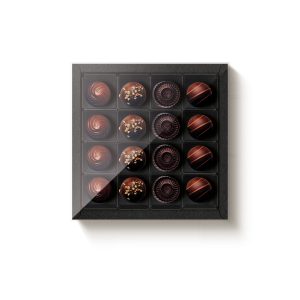 Caja para 16 bombones con tapa de acetato NEGRO.